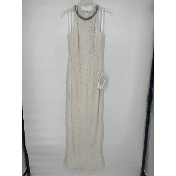 Mac Duggal Womens 4 White Beaded Sleeveless Halter Formal Long Gown Dress Flaws - Picture 4 of 16